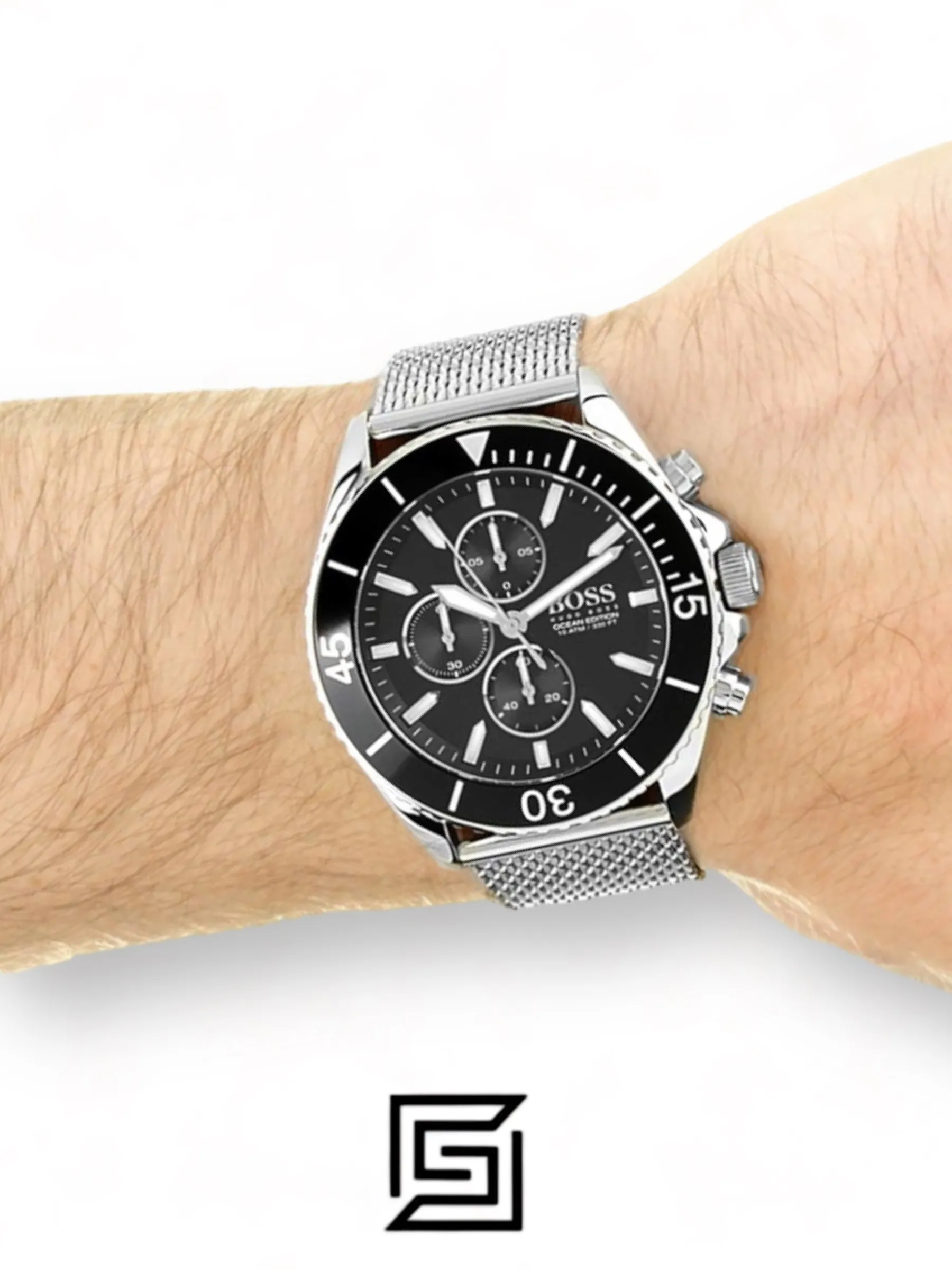 Men,Watches,Men,Original Watches Hugo Boss watches Boss Ocean Edition Black Dial Silver Mesh Bracelet Watch For Men - 1513701 Boss