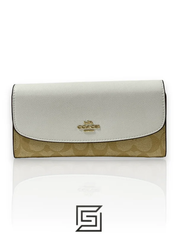 Leather,Wallets,Women wallets Coach Women’s Wallet - Khaki Chalk Slim Envelope in Signature Coated Canvas and Leather Flap F54022 Coach