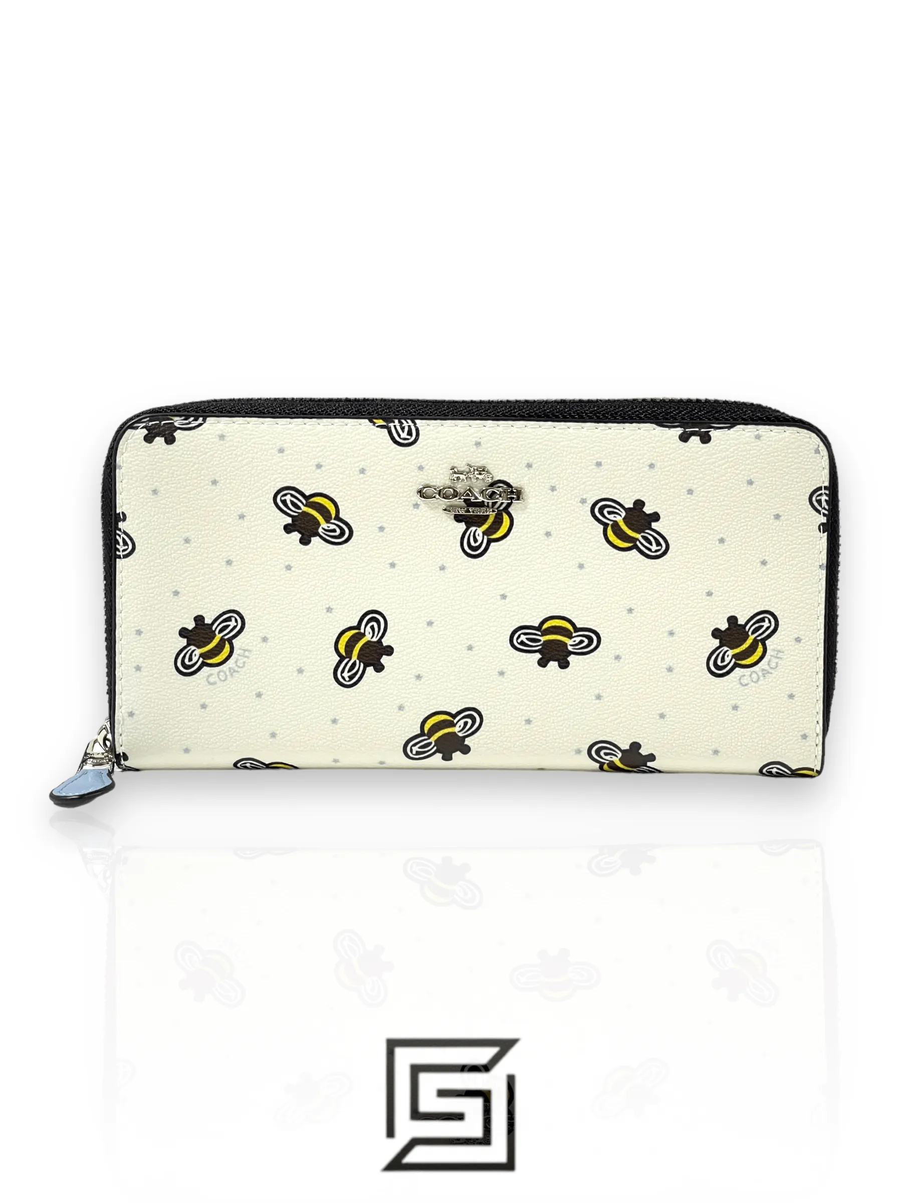 Leather,Wallets,Women wallets COACH Coach Long Wallet Bee Round Zip Wallet Accordion White White Light Blue F23498 Coach