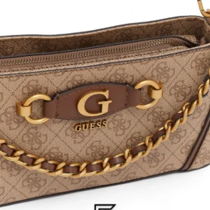 Bags,Leather,Women leather Guess Izzy Top Zip Shoulder Bag for Women Latte Logo Brown Guess