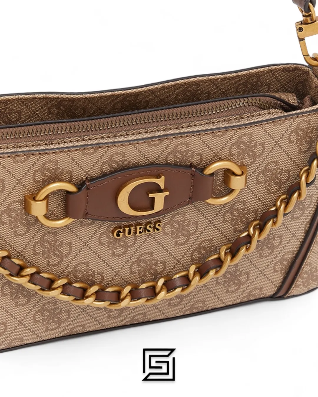 Bags,Leather,Women leather Guess Izzy Top Zip Shoulder Bag for Women Latte Logo Brown Guess