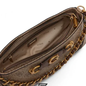 Bags,Leather,Women leather Guess Izzy Top Zip Shoulder Bag for Women Latte Logo Brown Guess