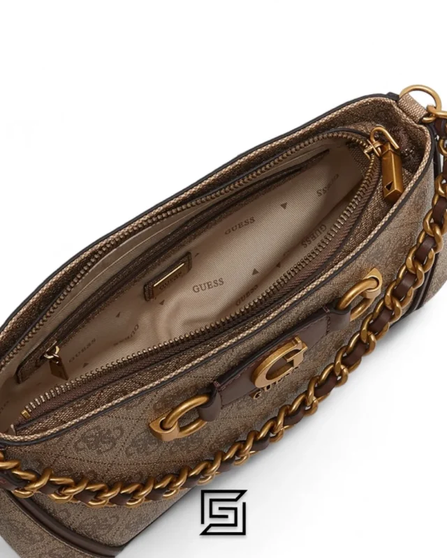 Bags,Leather,Women leather Guess Izzy Top Zip Shoulder Bag for Women Latte Logo Brown Guess