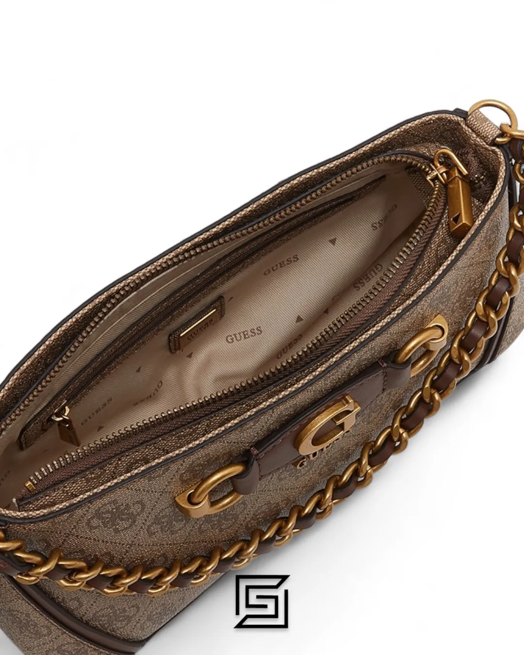 Bags,Leather,Women leather Guess Izzy Top Zip Shoulder Bag for Women Latte Logo Brown Guess