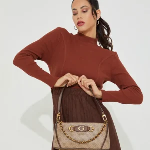 Bags,Leather,Women leather Guess Izzy Top Zip Shoulder Bag for Women Latte Logo Brown Guess