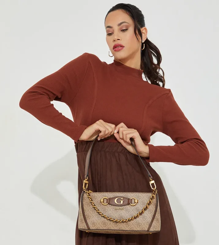 Bags,Leather,Women leather Guess Izzy Top Zip Shoulder Bag for Women Latte Logo Brown Guess