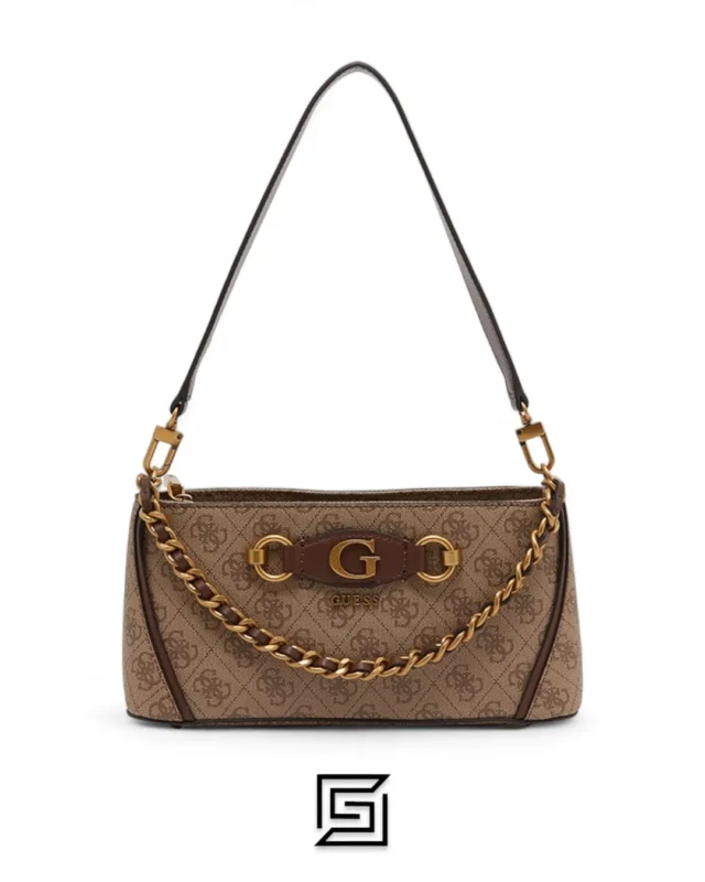 Bags,Leather,Women leather Guess Izzy Top Zip Shoulder Bag for Women Latte Logo Brown Guess