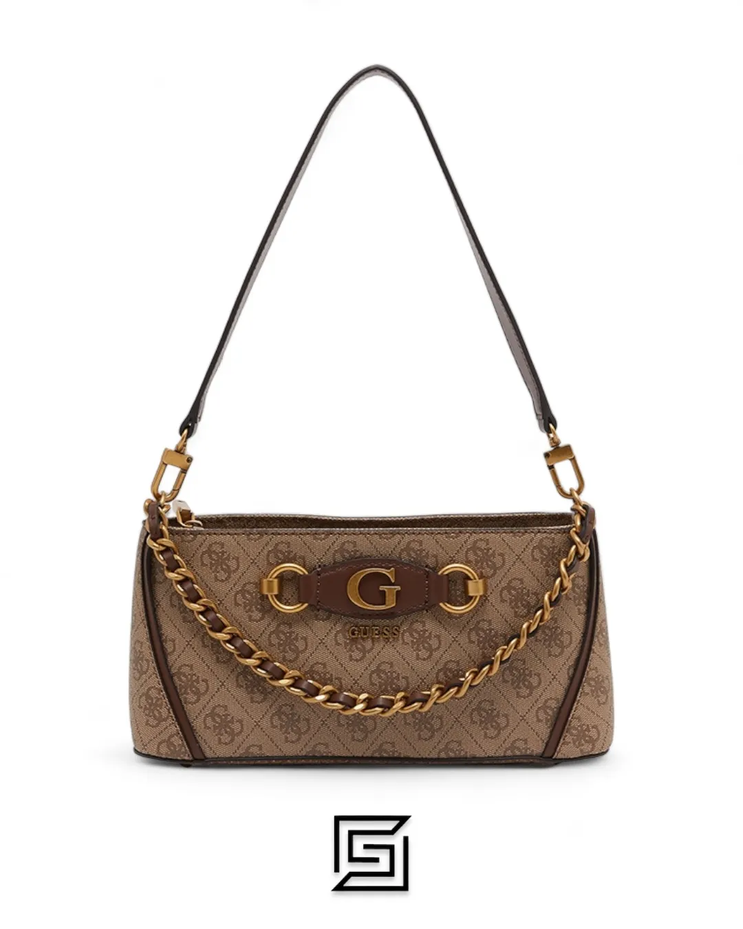 Bags,Leather,Women leather Guess Izzy Top Zip Shoulder Bag for Women Latte Logo Brown Guess