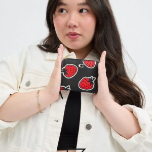 Leather,Wallets,Women Billfold Wallet With Strawberry Print CT908 Black Coach