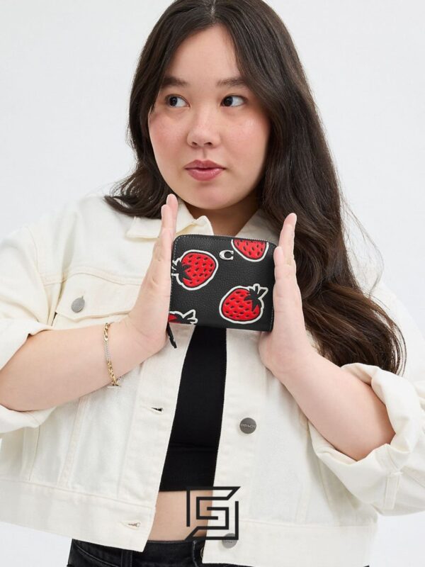 Leather,Wallets,Women Billfold Wallet With Strawberry Print CT908 Black Coach