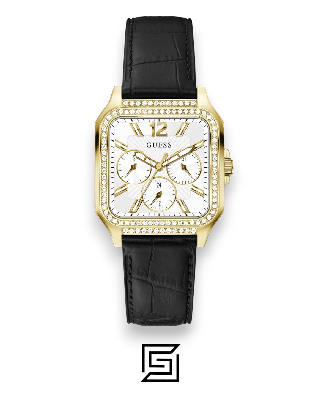 ⁦GUESS Ladies GOLD Tone Analog BAND Leather BLACK Watch GW0309L2⁩ - الصورة ⁦1⁩