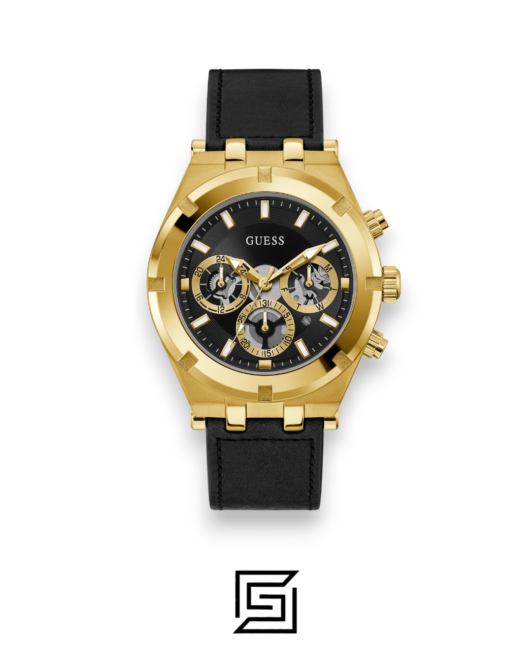 ⁦GUESS MEN GOLD TONE Analog  RUBERR BLACK BAND Watch GW0262G2⁩ - الصورة ⁦1⁩
