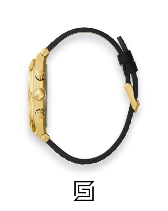 GUESS MEN GOLD TONE Analog  RUBERR BLACK BAND Watch GW0262G2