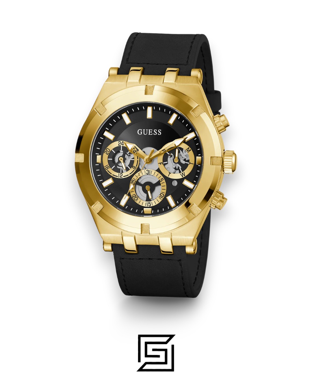 ⁦GUESS MEN GOLD TONE Analog  RUBERR BLACK BAND Watch GW0262G2⁩ - الصورة ⁦2⁩