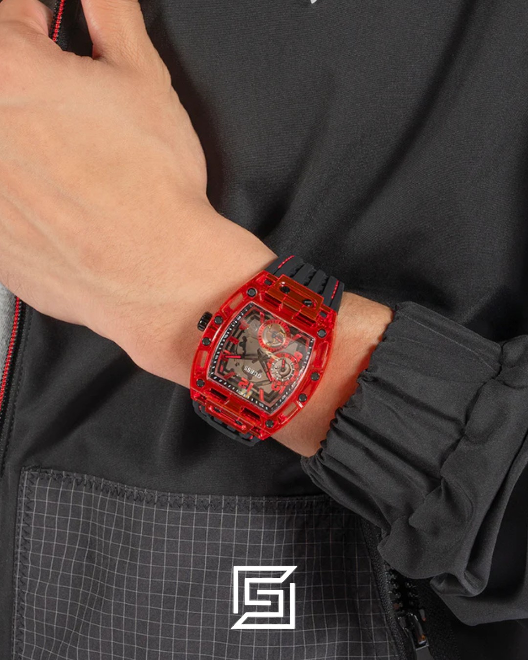 GUESS MEN RED Tone Analog Band Color BLACK WATCH GW0499G4 - Image 6