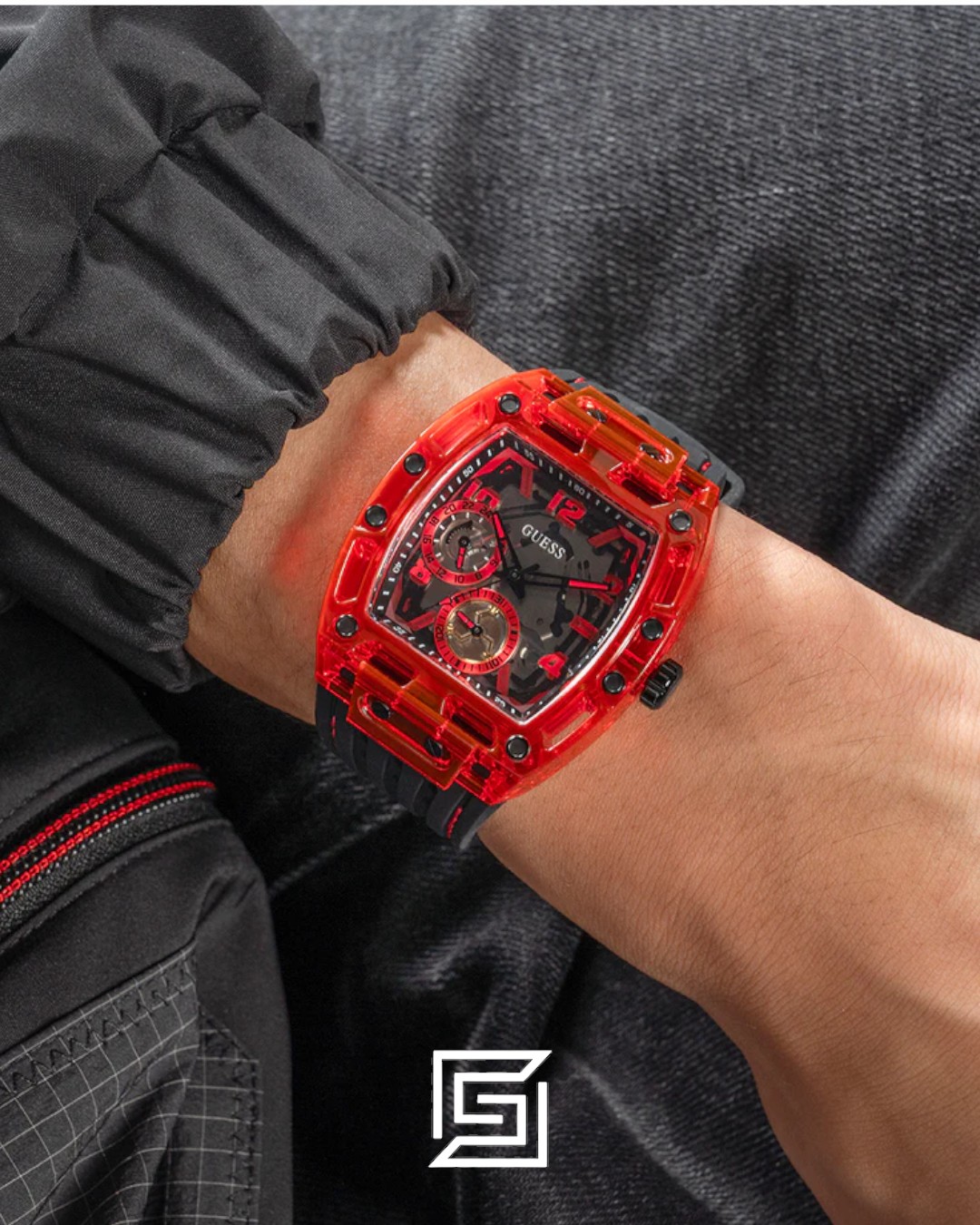 GUESS MEN RED Tone Analog Band Color BLACK WATCH GW0499G4 - Image 7
