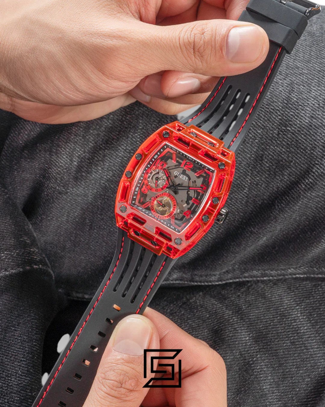 GUESS MEN RED Tone Analog Band Color BLACK WATCH GW0499G4 - Image 8