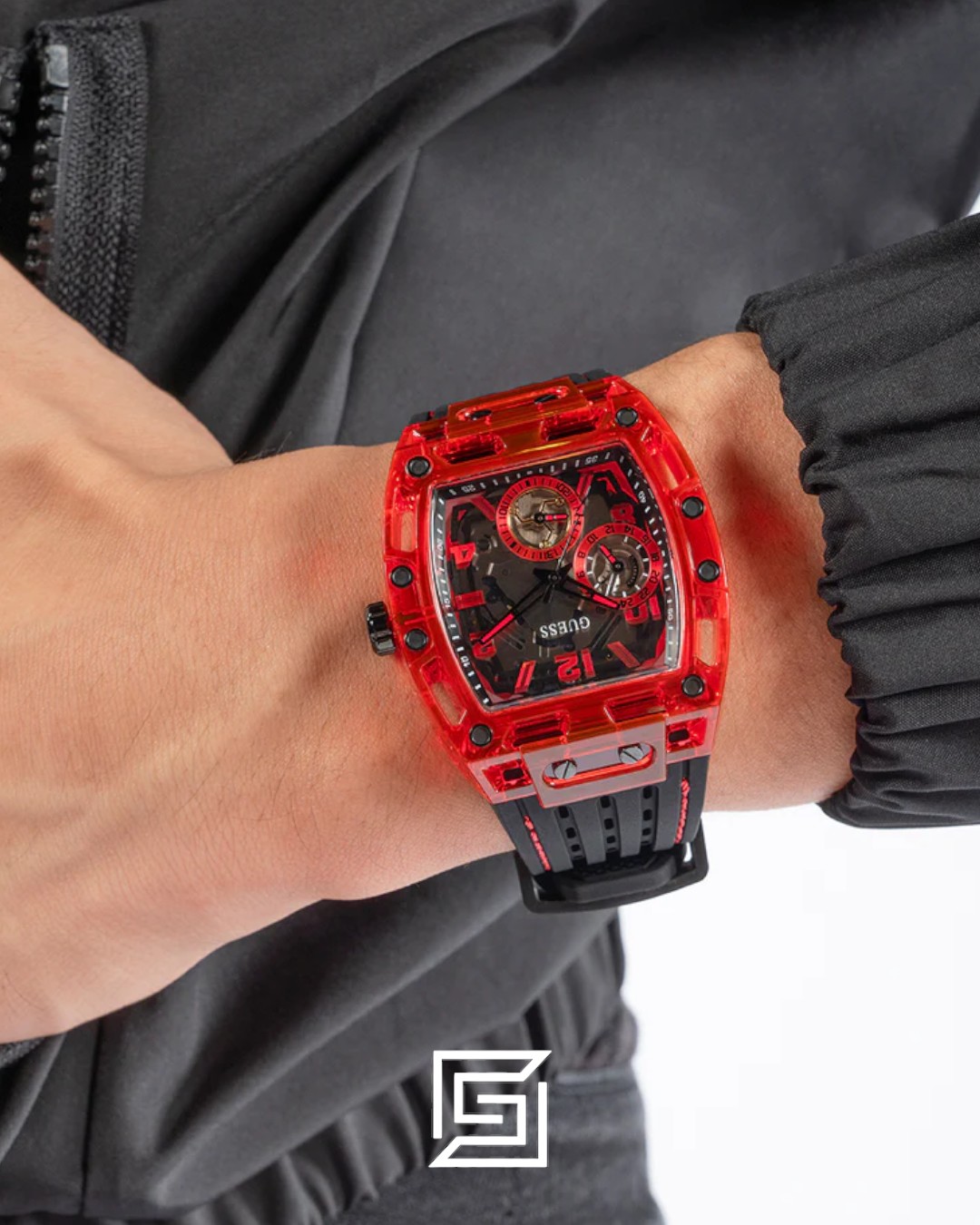 GUESS MEN RED Tone Analog Band Color BLACK WATCH GW0499G4 - Image 9