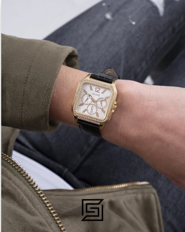GUESS Ladies GOLD Tone Analog BAND Leather BLACK Watch GW0309L2
