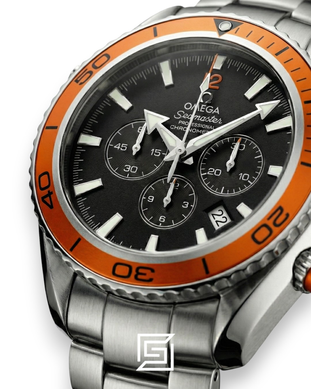 ⁦Omega Seamaster Planet Ocean Chronograph – Orange Bezel & Steel 600M⁩ - الصورة ⁦2⁩