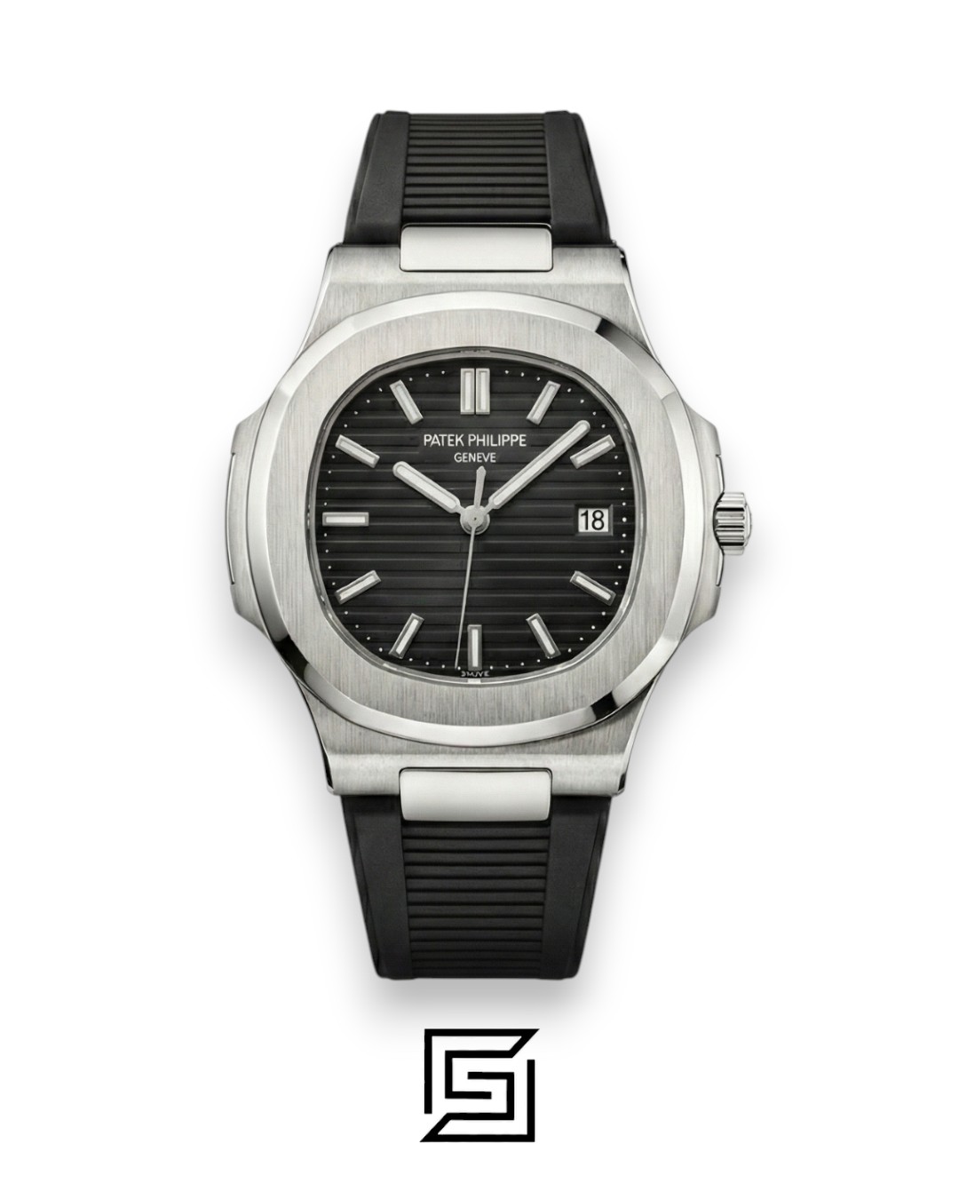 ⁦Patek Philippe Nautilus – Black Dial – Black Rubber Strap – Japanese Automatic⁩ - الصورة ⁦1⁩