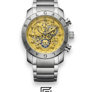 ⁦Bvlgari Chronograph Skeleton White Dial Yellow Reflective Glass Stainless Band Men’s Watch⁩ - الصورة ⁦1⁩
