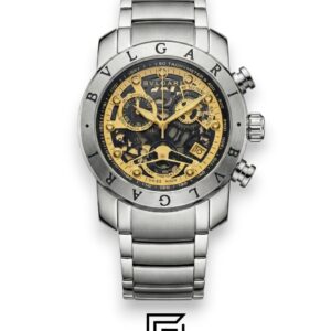 ⁦Bvlgari Chronograph Skeleton Black Dial Yellow Reflective Glass Stainless Band Men’s Watch⁩ - الصورة ⁦1⁩
