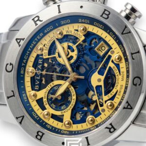⁦Bvlgari Chronograph Skeleton Black Dial Yellow Reflective Glass Stainless Band Men’s Watch⁩ - الصورة ⁦2⁩