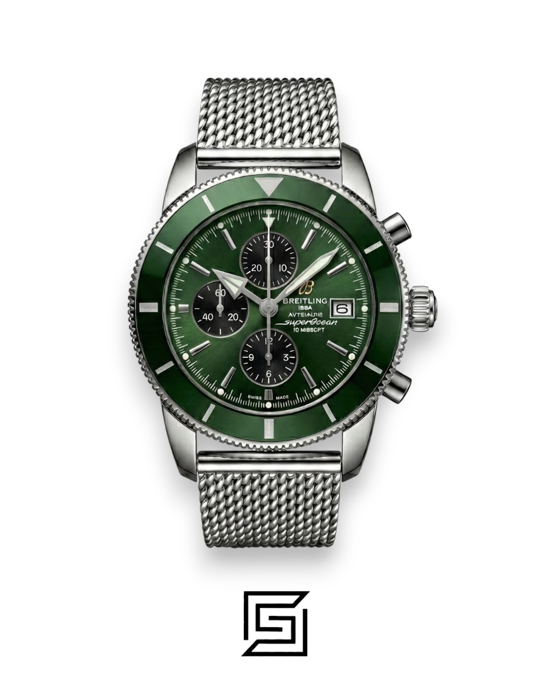Breitling Superocean Chronograph – Green Dial – Mesh Bracelet – Japanese Quartz - Image 1