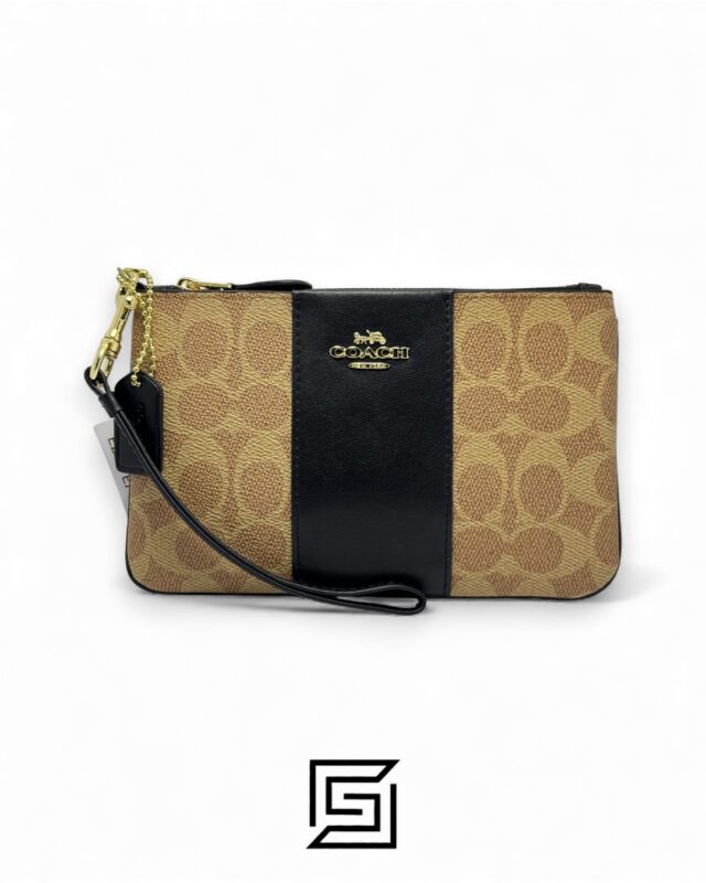 Coach Small Wristlet In Colorblock Signature Canva Brown x Black No. F32445
