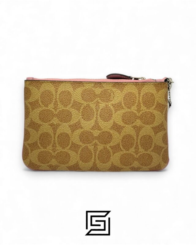 Coach Small Wristlet In Colorblock Signature Canva Brown x Pink No. F32445