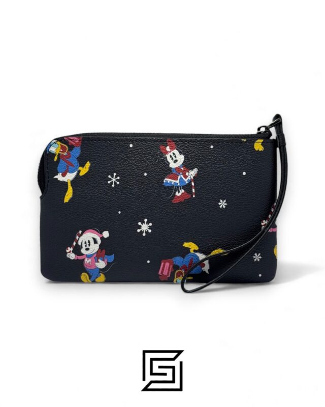 Coach Corner Zip Wristlet In Leather With Disney Holiday Print Black Style No. CN031