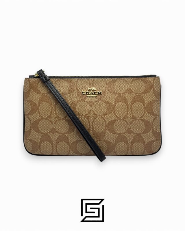 Coach Large Wristlet In Signature Canvas Khaki x Black Style No. F58695