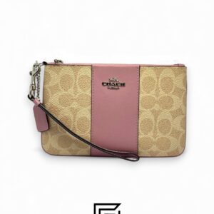 Coach Small Wristlet In Colorblock Signature Canva Khaki x Pink No. F32445 - Image 1