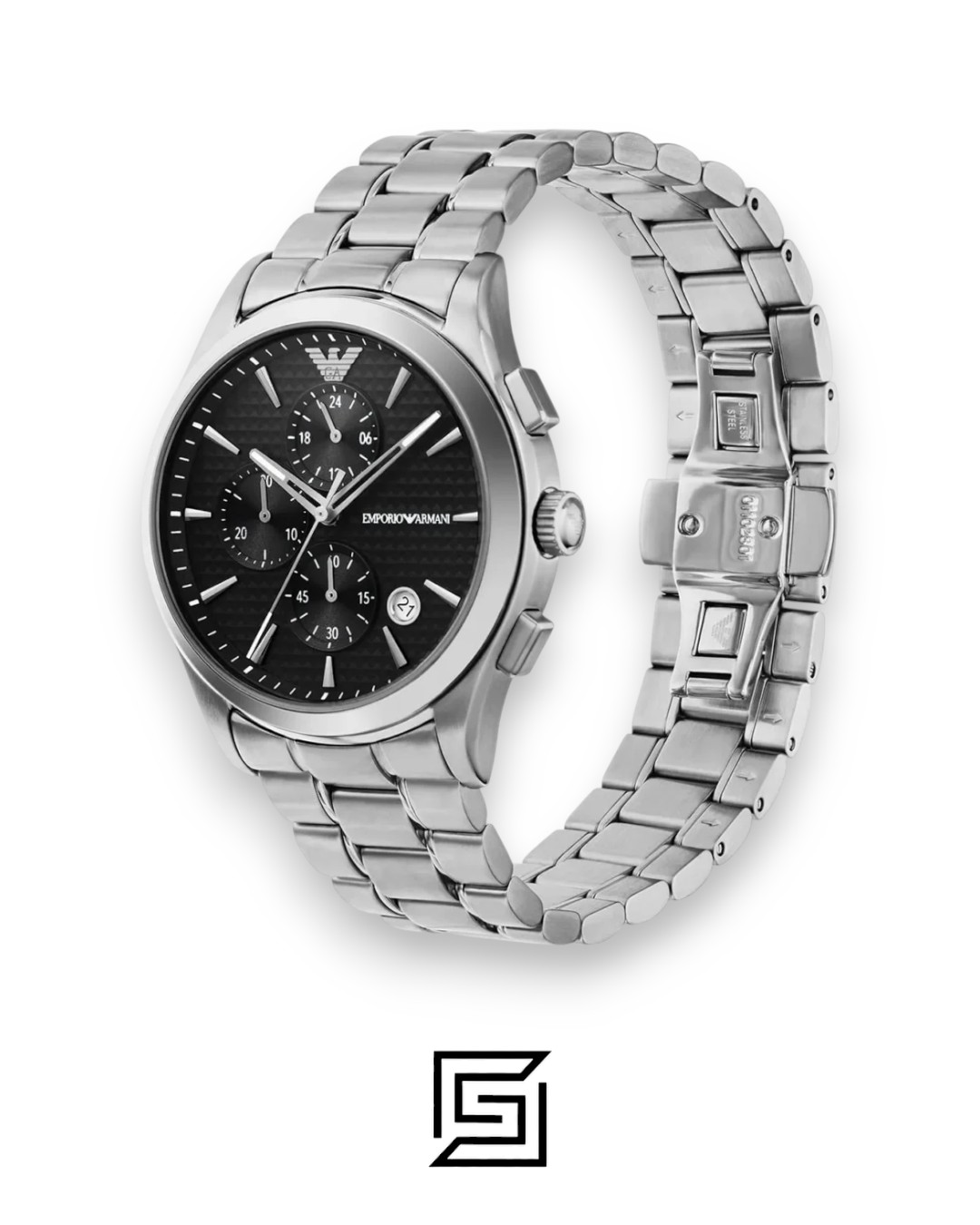 ⁦Emporio Armani AR11602 Men's Silver Stainless Steel Chronograph Watch with Black Dial⁩ - الصورة ⁦4⁩
