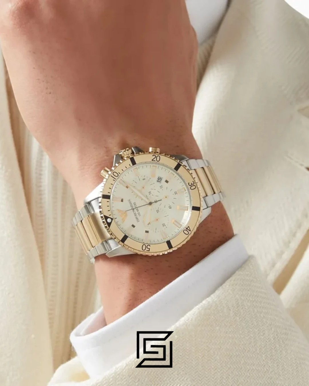 Emporio Armani AR11606 Two-Tone Gold and Silver Case 43mm Chronograph Watch with Cream Dial - Image 9