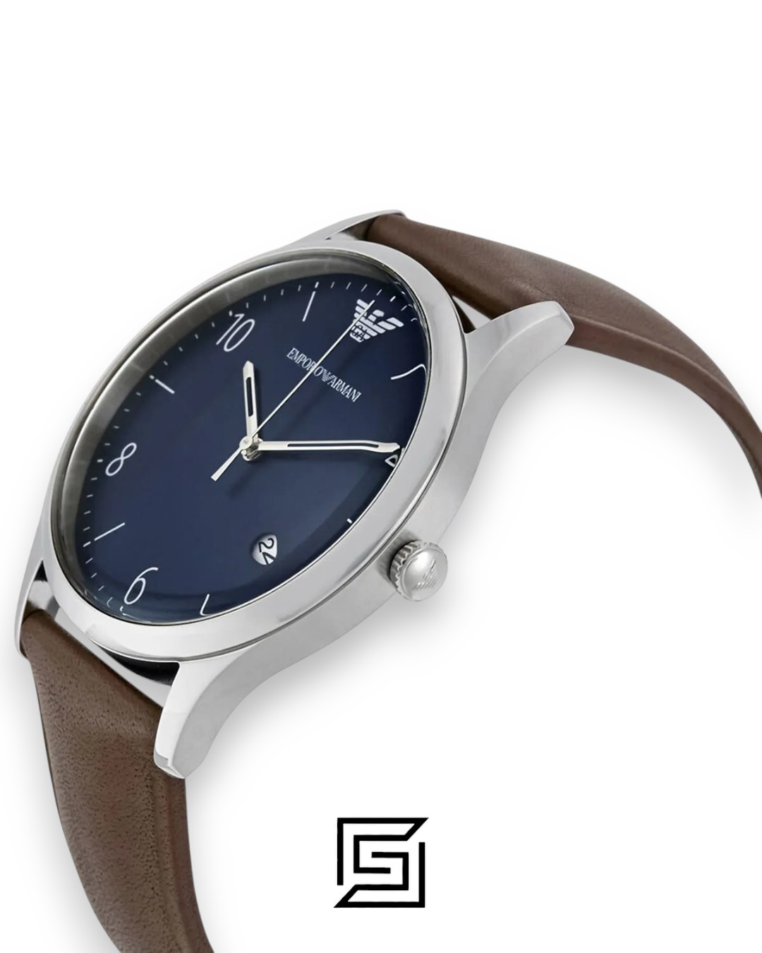 ⁦Emporio Armani AR1944 Men's Silver Case Blue Dial Brown Leather Watch⁩ - الصورة ⁦4⁩