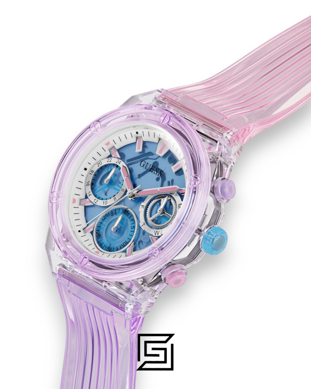 ⁦Guess GW0438L6 Women's Transparent Purple Case Blue Dial Watch⁩ - الصورة ⁦4⁩