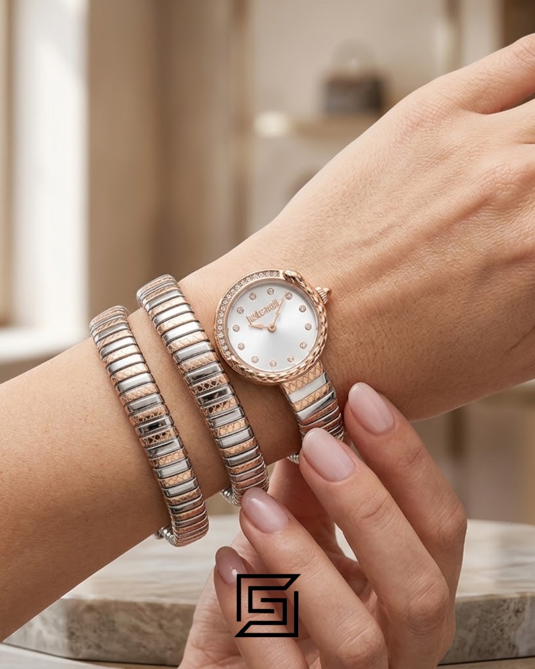 Just Cavalli JC1L302M0065 Women's Silver and Rose Gold Bracelet Watch with White Dial - Image 4
